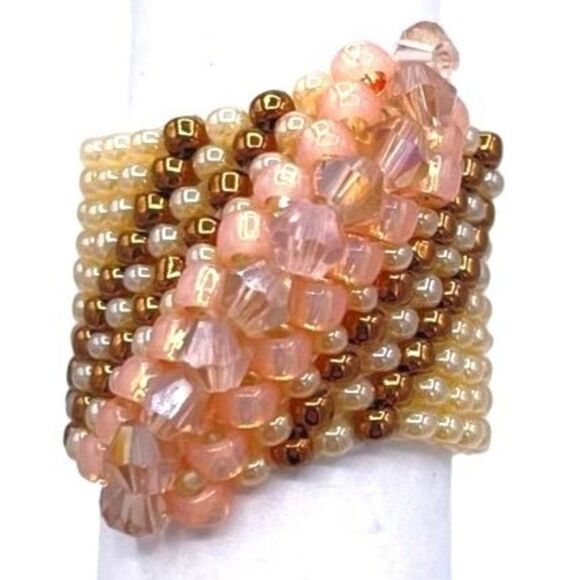 Cream with Bronze and Champagne Crystal Cellini Spiral Statement Ring Size 7 - Picture 1 of 6